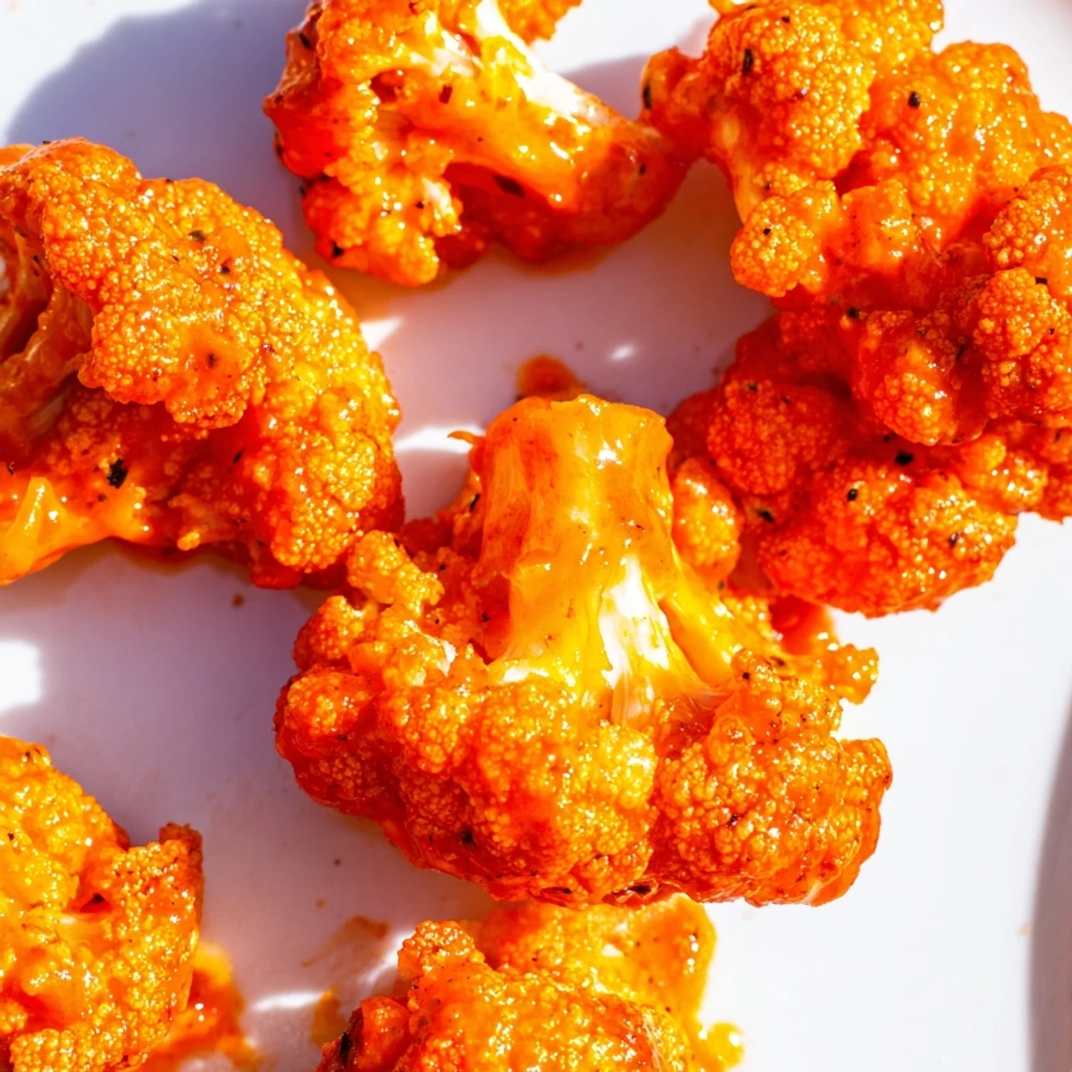 Crispy baked Buffalo cauliflower bites glistening with tangy orange-red glaze, served on a rustic wooden board alongside cool ranch dressing for dipping.