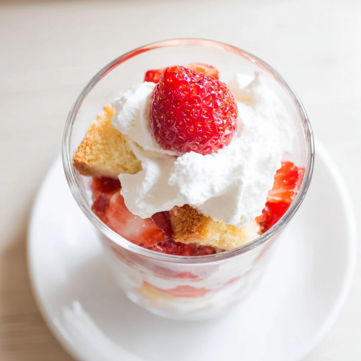 Golden Valentines Strawberry Shortcake Cups layered with juicy red berries and fluffy white whipped cream in glass serving vessels