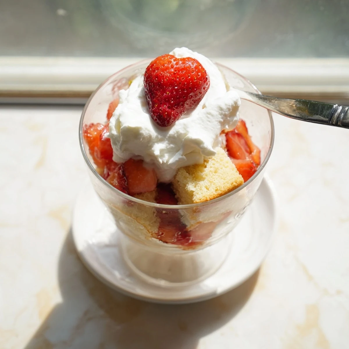 Romantic Valentines Strawberry Shortcake Cups dessert featuring fresh strawberry slices, whipped cream peaks, and golden cake layers in clear cups