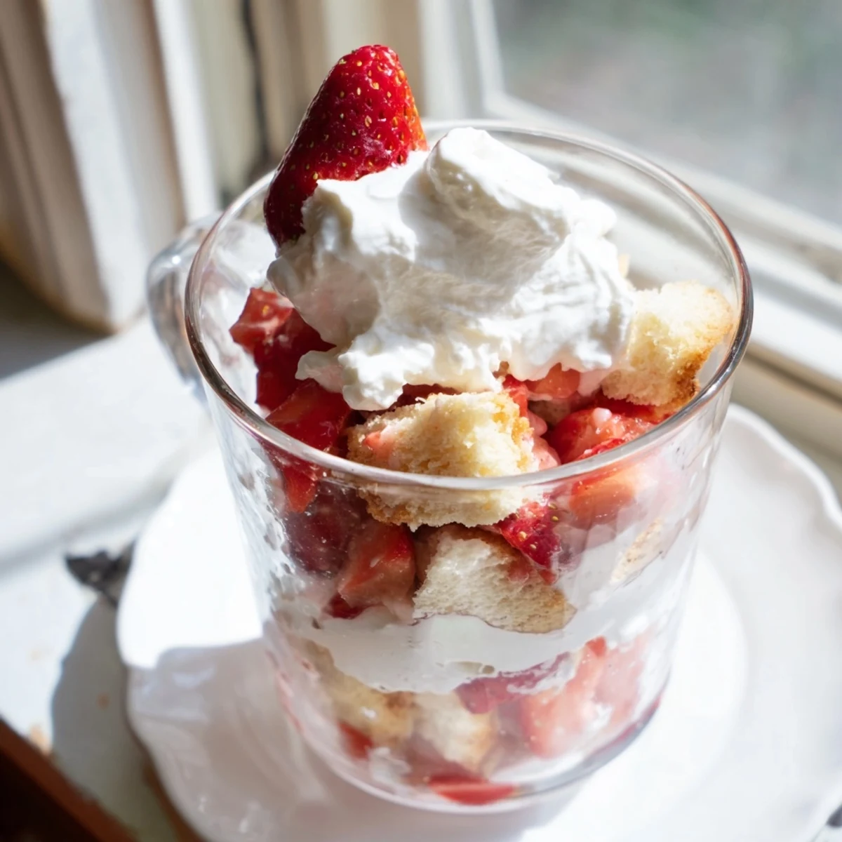 Individual Valentines Strawberry Shortcake Cups showcasing tender buttery shortcake cubes topped with macerated strawberries and sweet vanilla cream