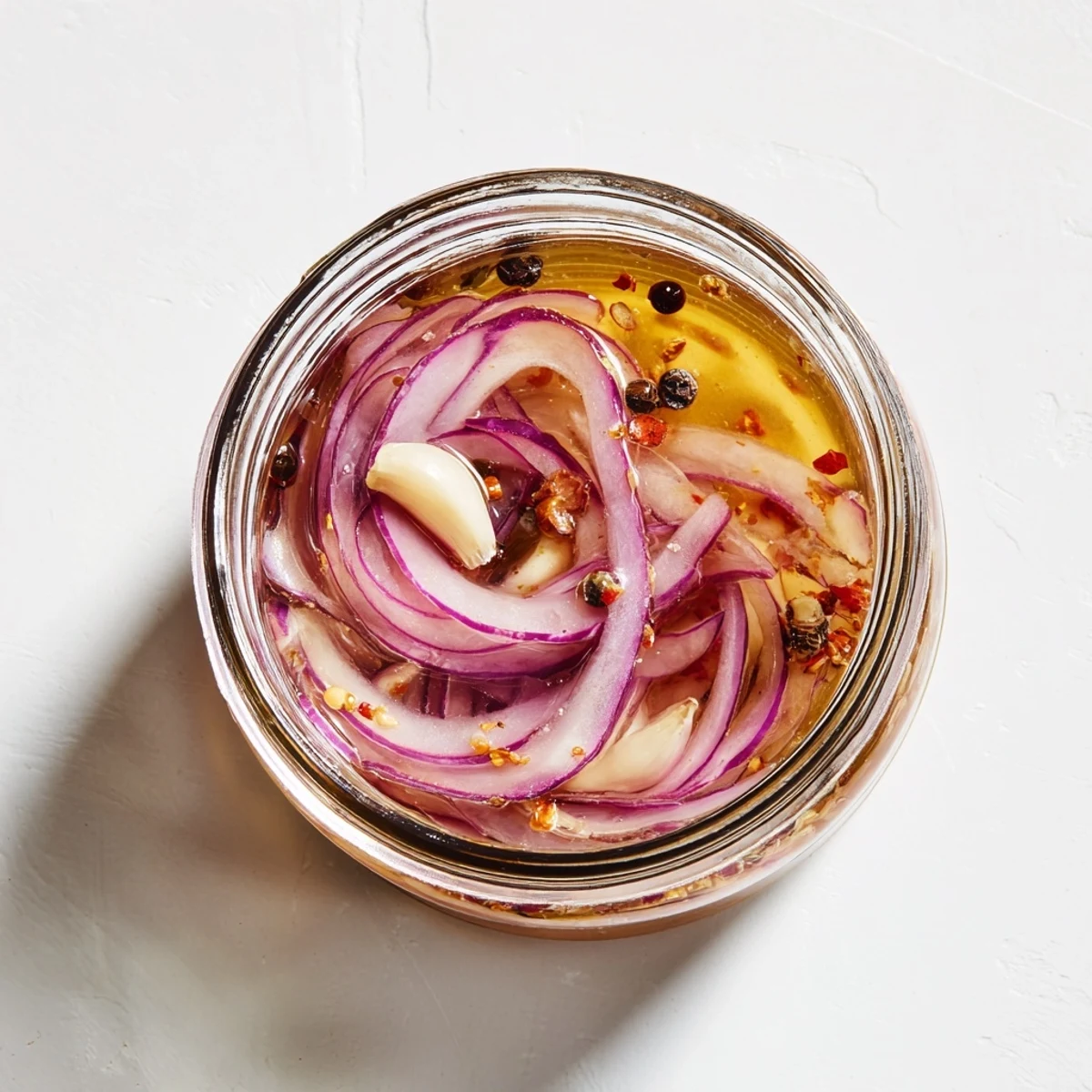 Close-up view of ruby red onions cured in hot honey brine with garlic and spices