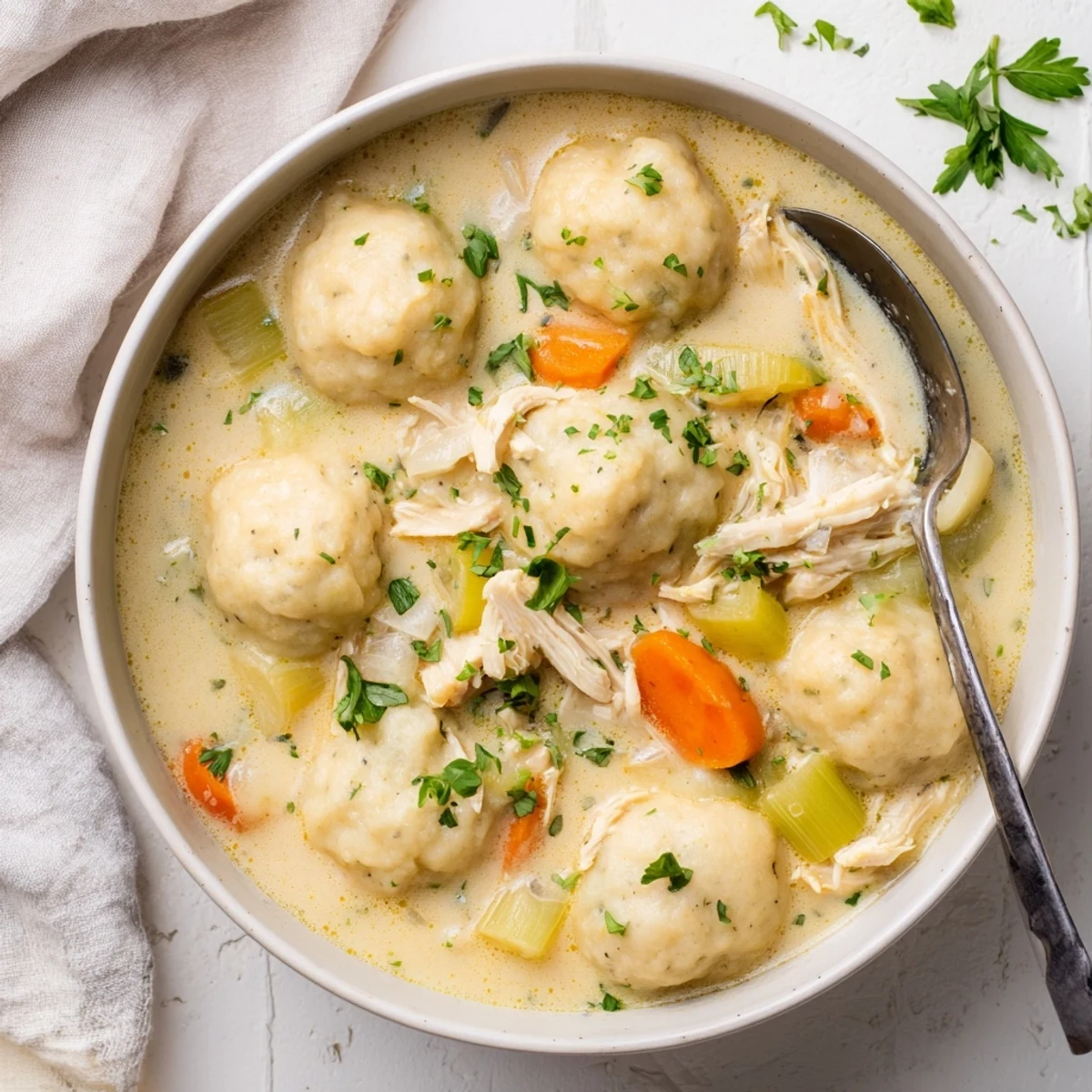 Comforting chicken and dumplings bowl features pillowy biscuits soaking in savory herb-infused cream sauce