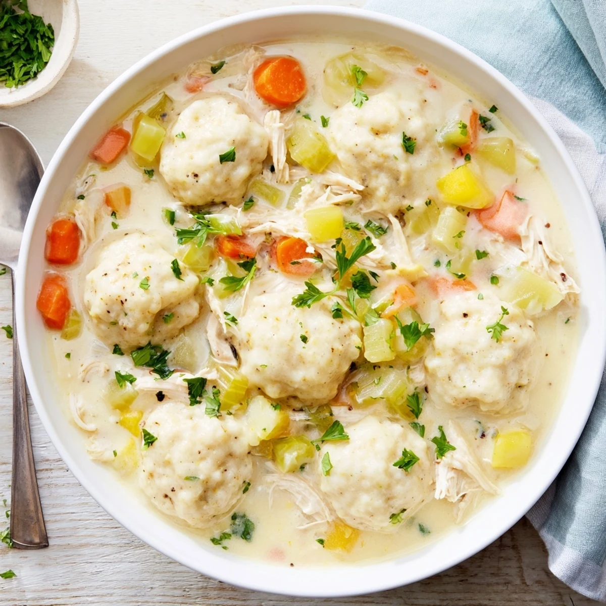 Golden fluffy biscuit dumplings steam atop tender shredded chicken pieces swimming in rich creamy broth