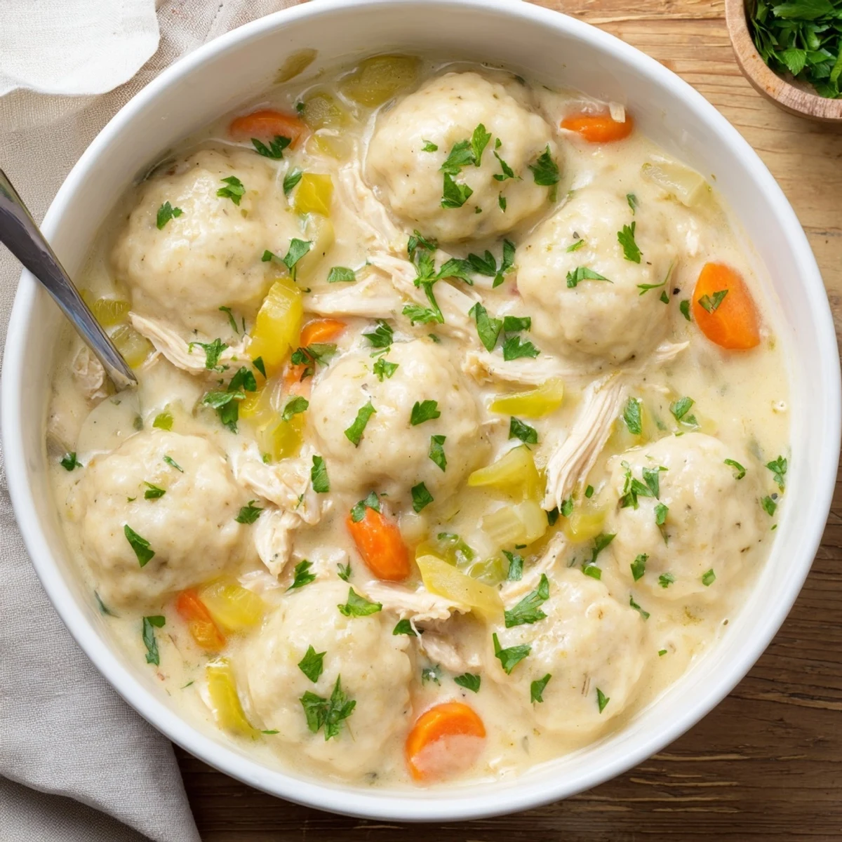 Homemade chicken and dumplings with fluffy buttermilk biscuits served steaming hot in rustic Dutch oven