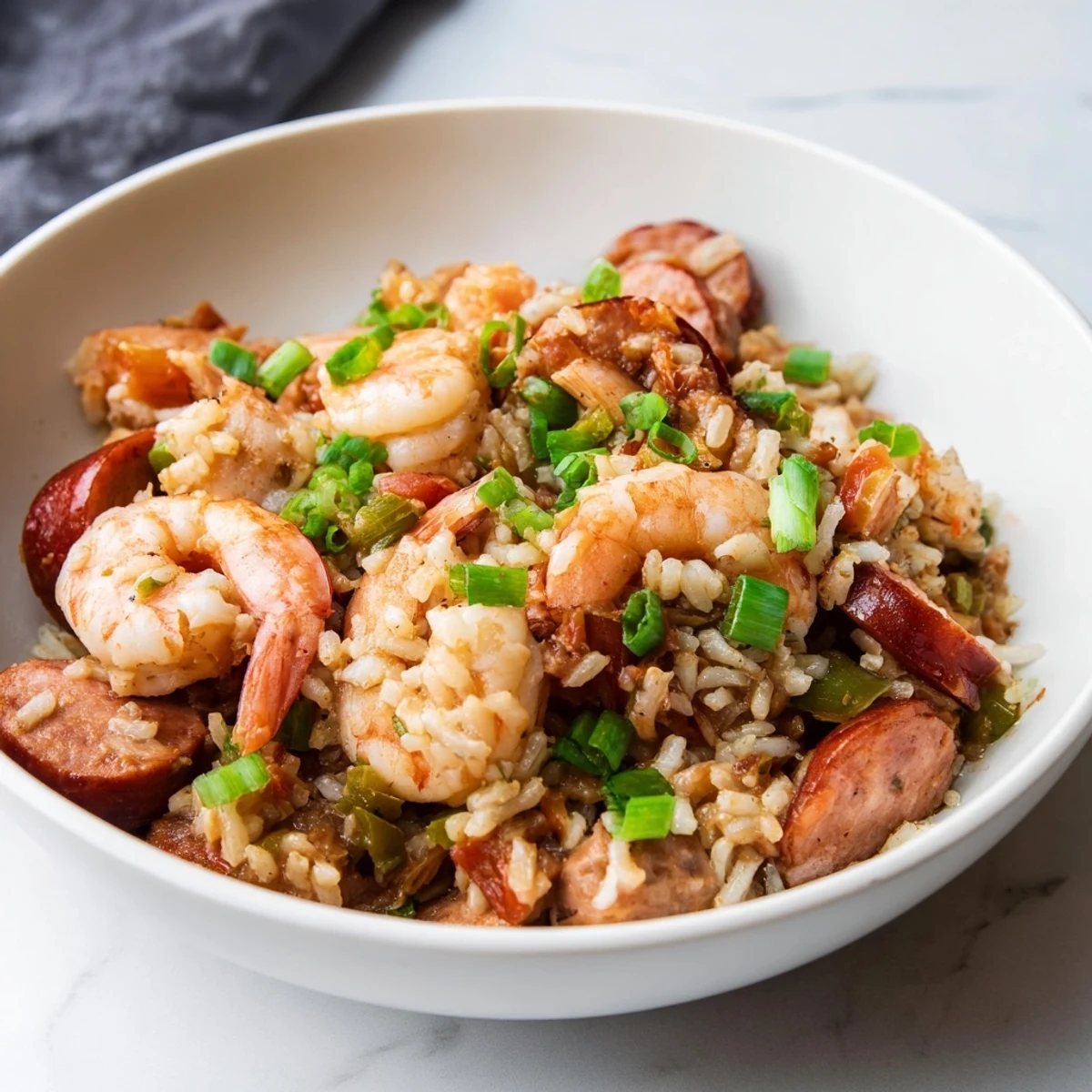 Steamy bowl of One Pot Cajun Jambalaya garnished with fresh scallions and parsley