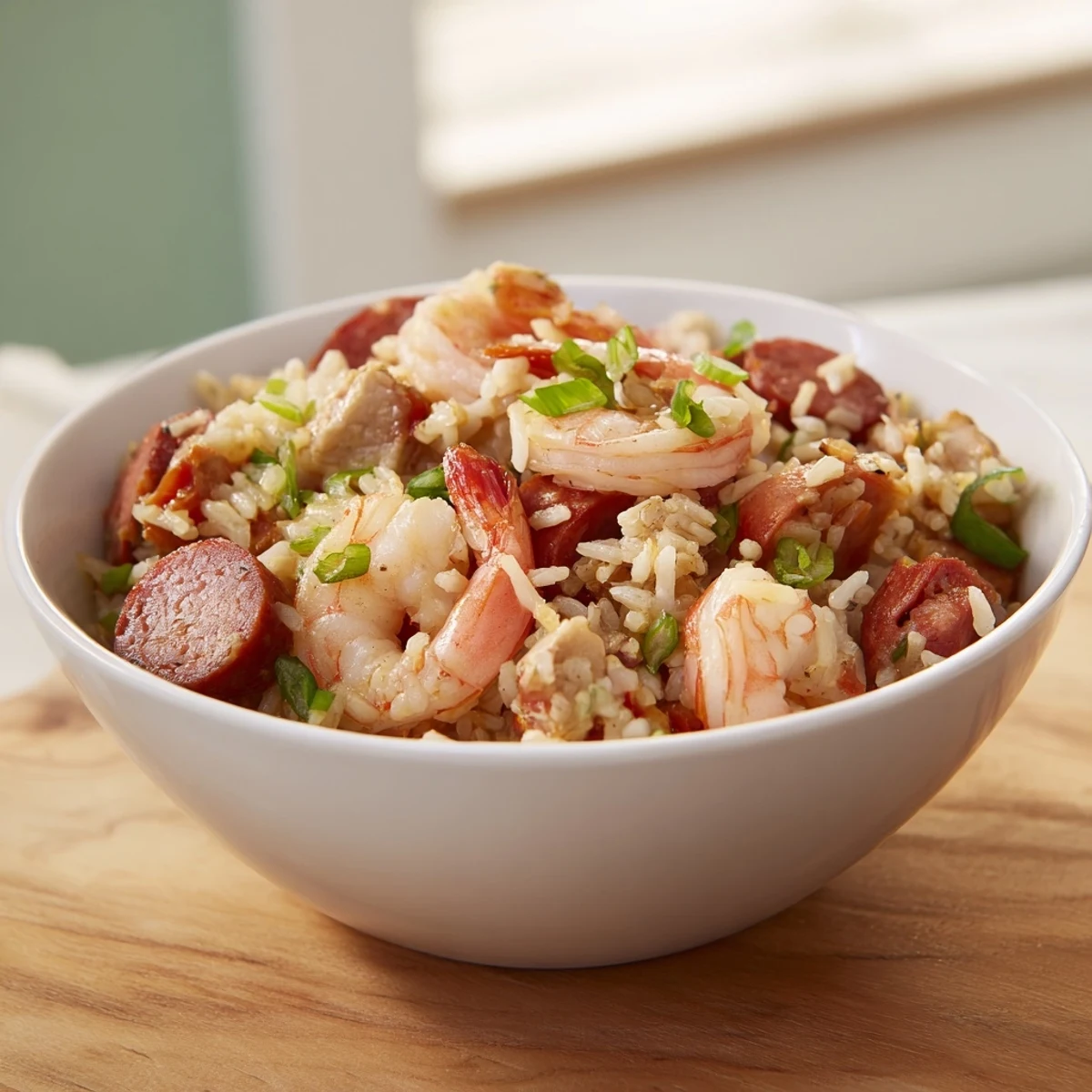 Rustic One Pot Cajun Jambalaya showcasing tender rice, vegetables, and spicy Cajun-seasoned meats
