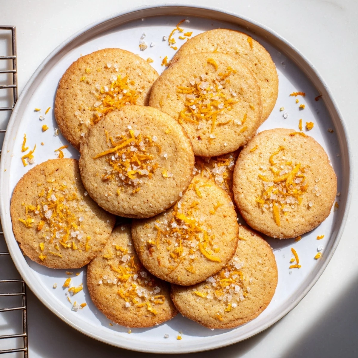 Golden Orange Clove Cookies topped with sparkling sugar and fresh orange zest on a wooden board