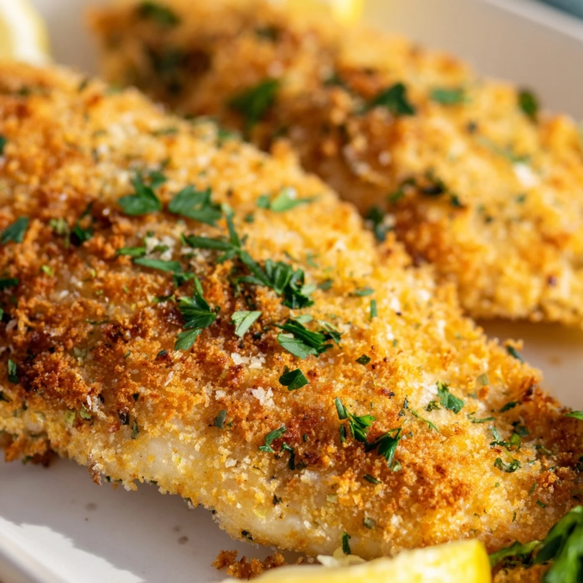 Golden crispy air fryer tilapia fillets coated in seasoned panko breadcrumbs with parmesan