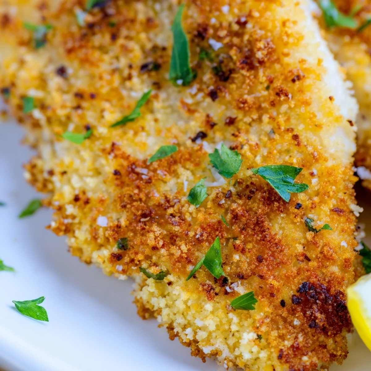 Flaky white tilapia with crunchy garlic paprika crust served with fresh lemon wedges