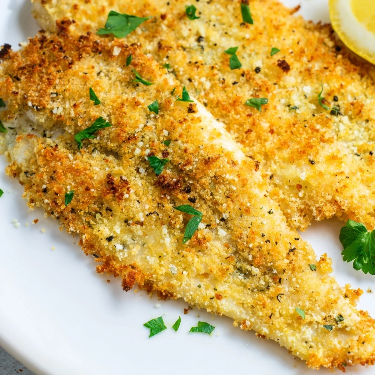 Perfectly air fried breaded tilapia fillets featuring golden brown crispy exterior and tender fish