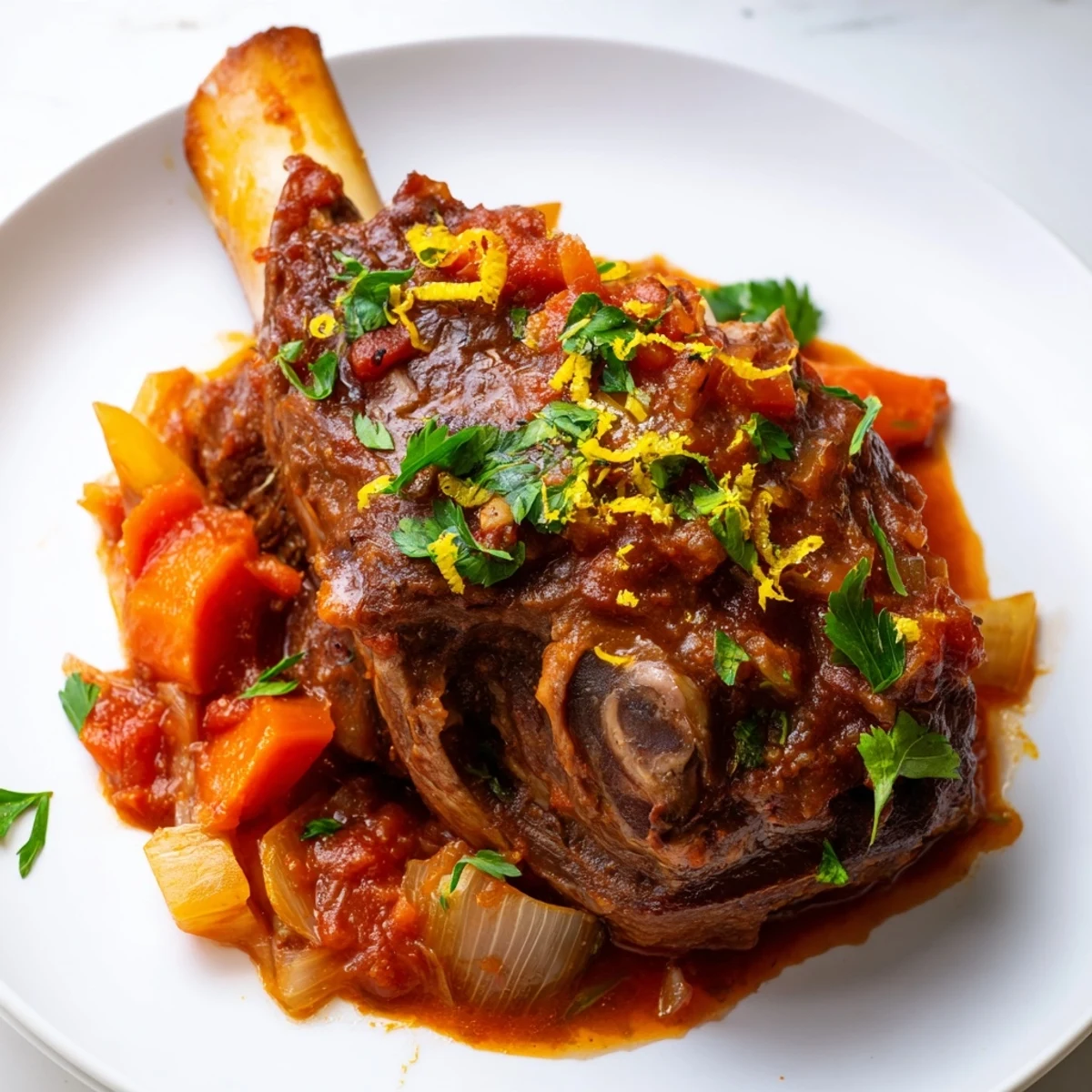 Golden brown veal shanks braised in rich tomato wine sauce with tender meat falling off the bone