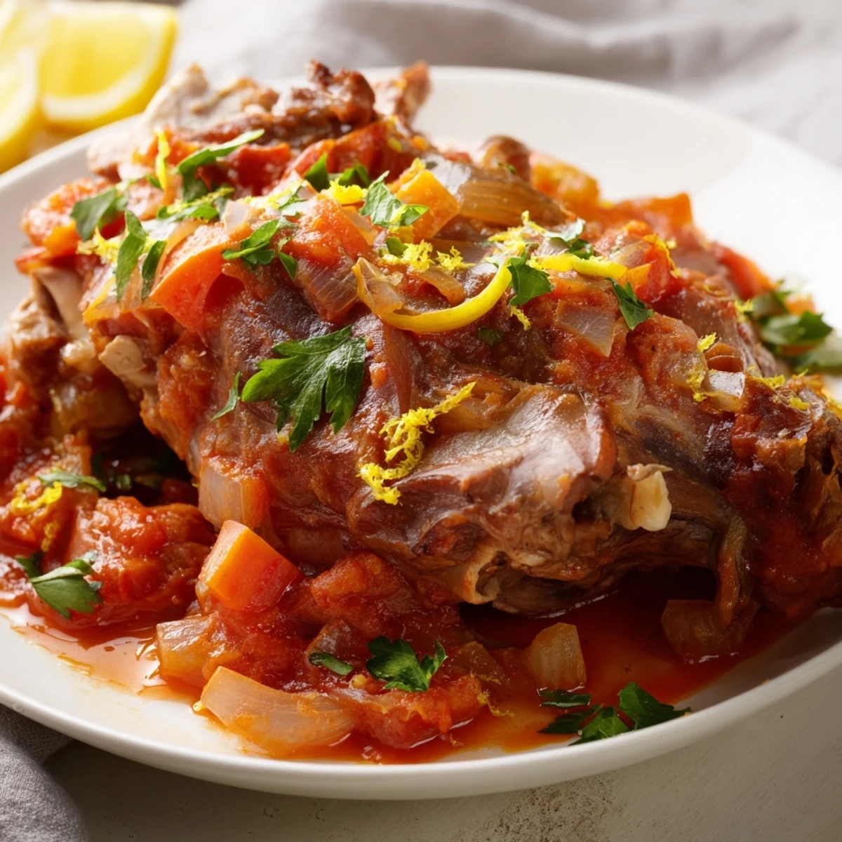 Classic Italian braised veal shanks slow-cooked in dutch oven with carrots celery and fragrant thyme