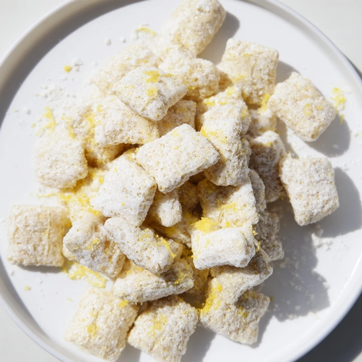 Golden lemonade puppy chow coated in white chocolate and powdered sugar with lemon zest