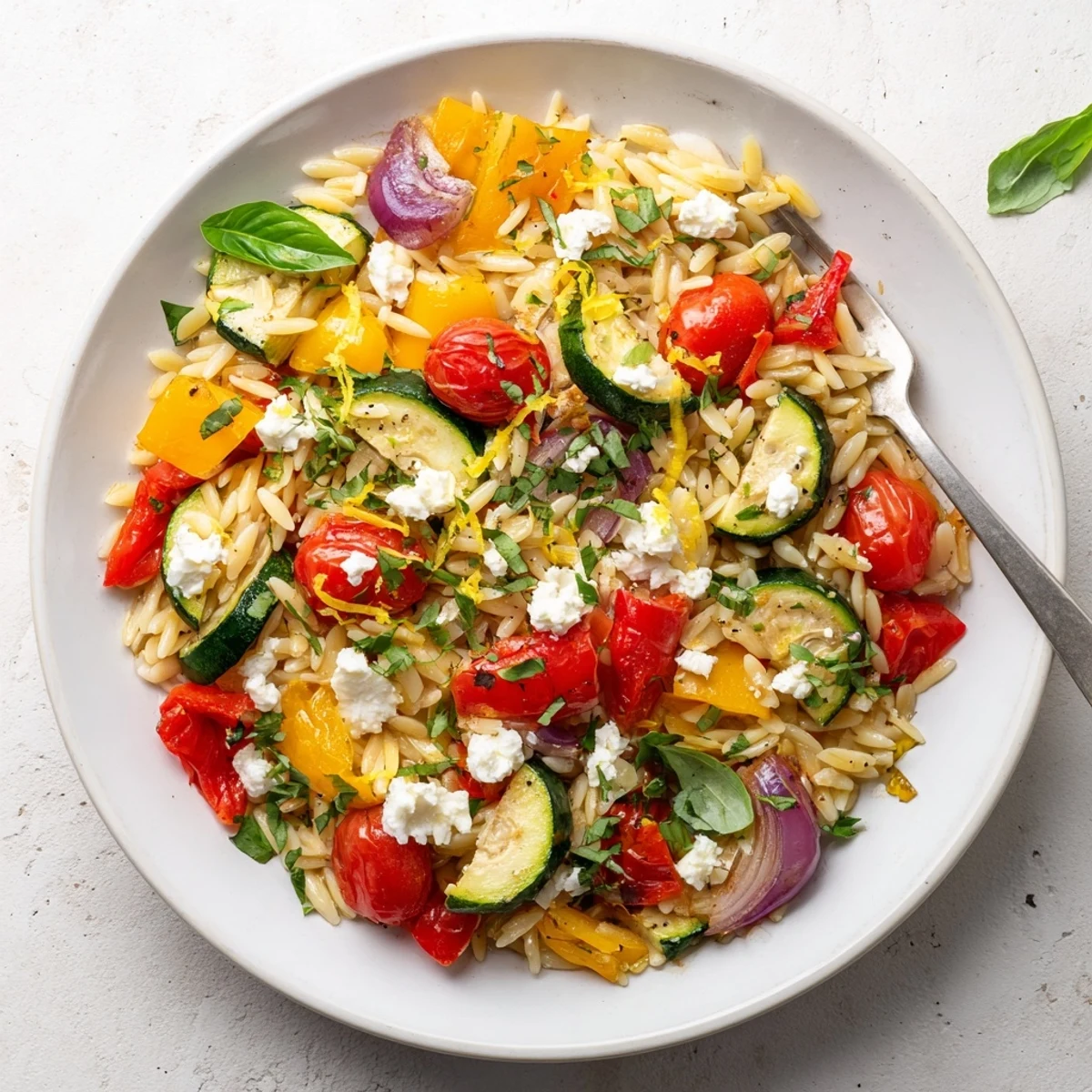 Mediterranean roasted vegetable orzo topped with white feta crumbles and green herbs on a white platter.