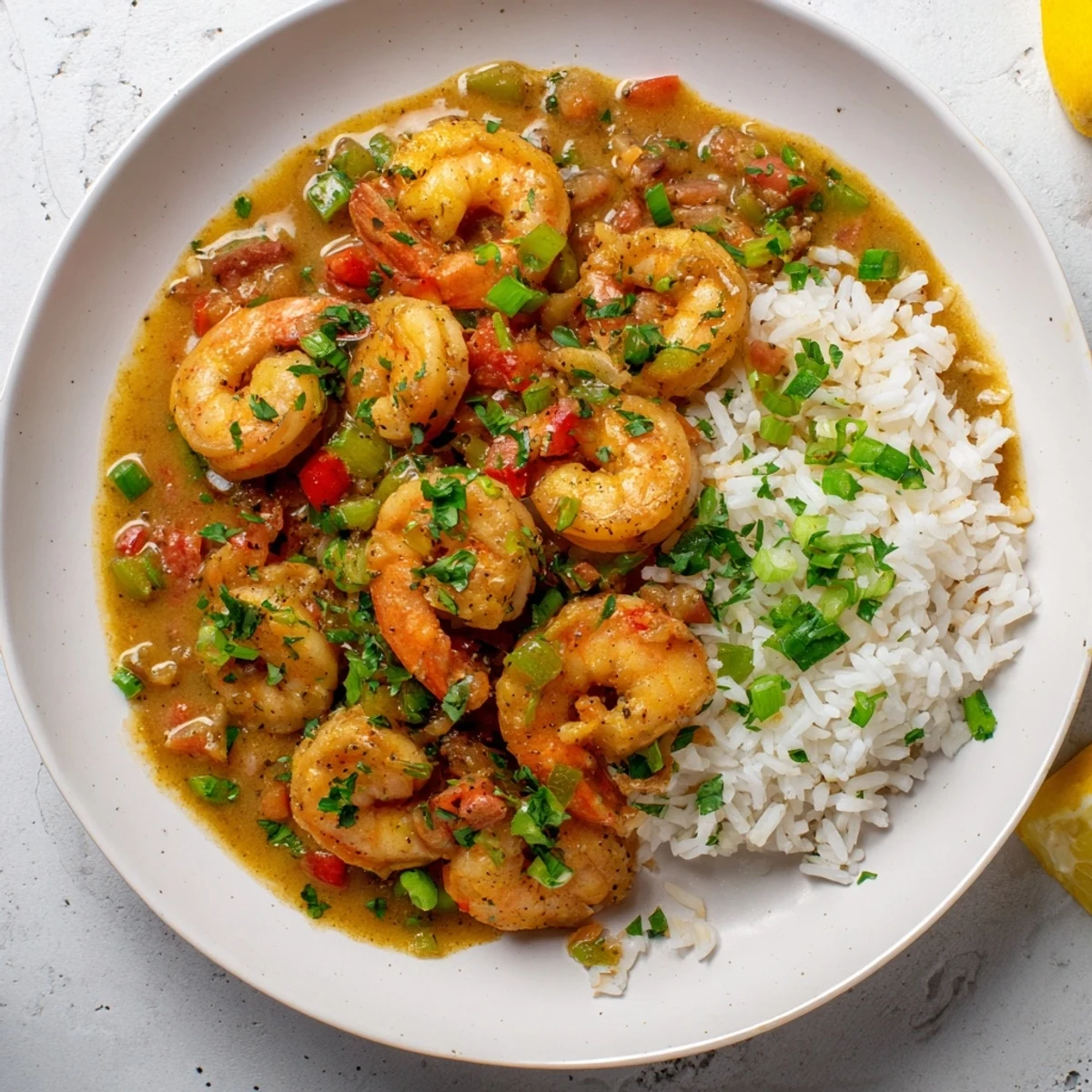 Cajun Shrimp Étouffée featuring plump shrimp in spicy reddish-brown sauce served bed of steaming white rice