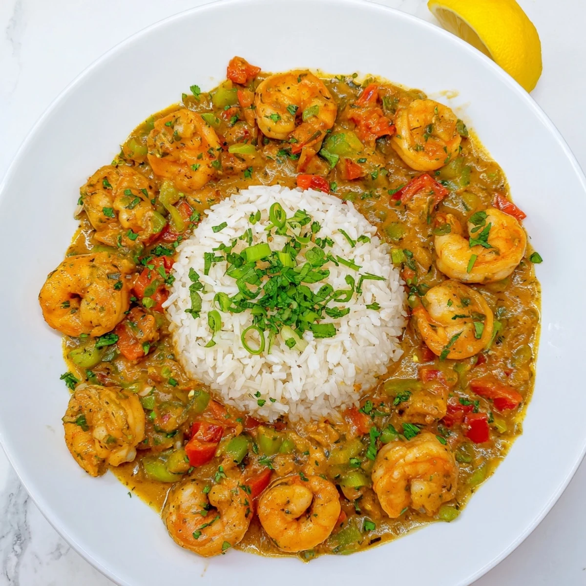 Golden Shrimp Étouffée simmered in rich roux sauce over fluffy white rice with green onion garnish
