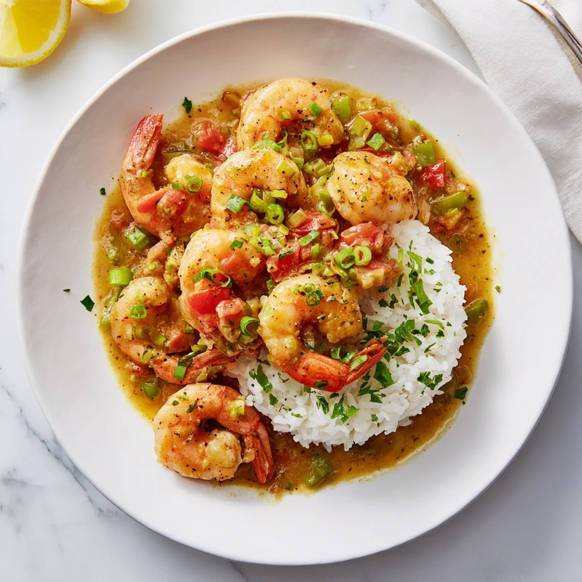 Hearty Louisiana Shrimp Étouffée with tender shrimp and vegetables in thick savory sauce over rice