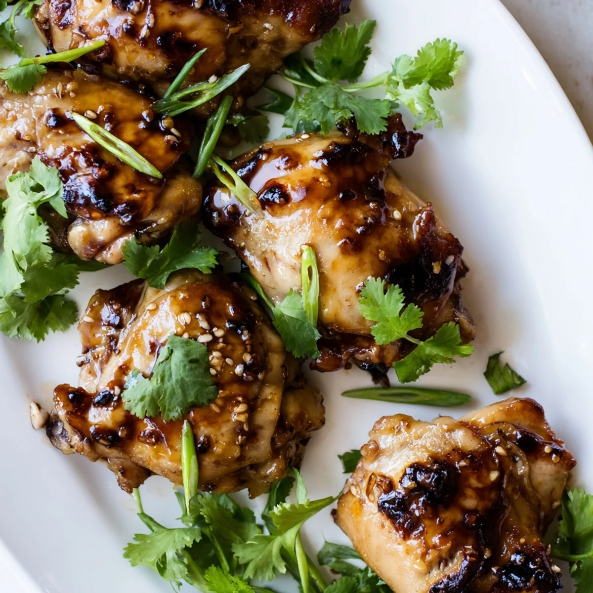 Ina Gartens Indonesian ginger chicken arranged on platter with dark savory marinade and fresh herbs