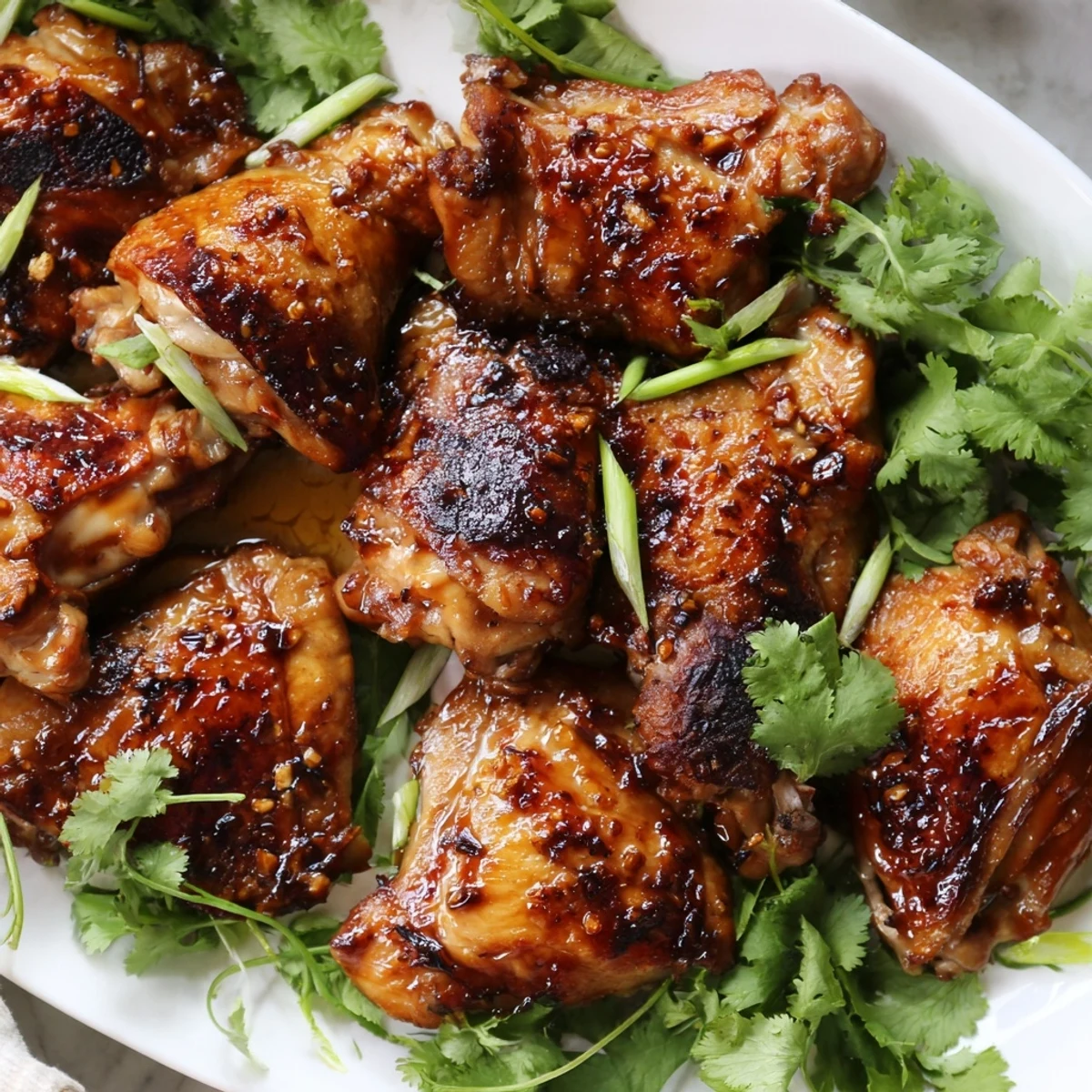 Baked Indonesian ginger chicken thighs displaying crispy caramelized skin brushed with sticky ginger soy sauce