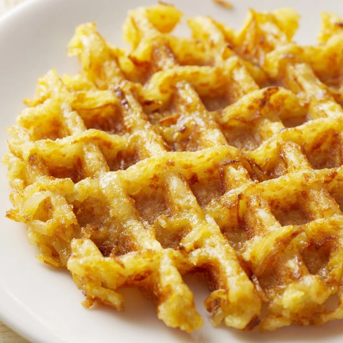 Crispy hashbrown waffles drizzled with ketchup and topped with fresh chives for a savory brunch