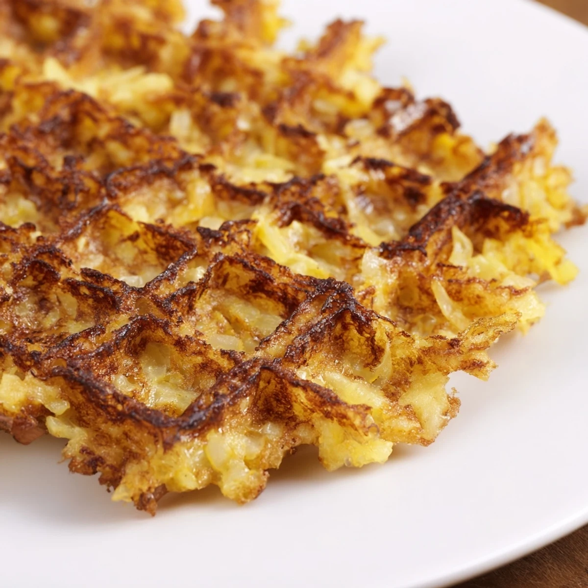 Golden waffle iron hashbrowns with crispy ridges and a fluffy potato center ready for breakfast