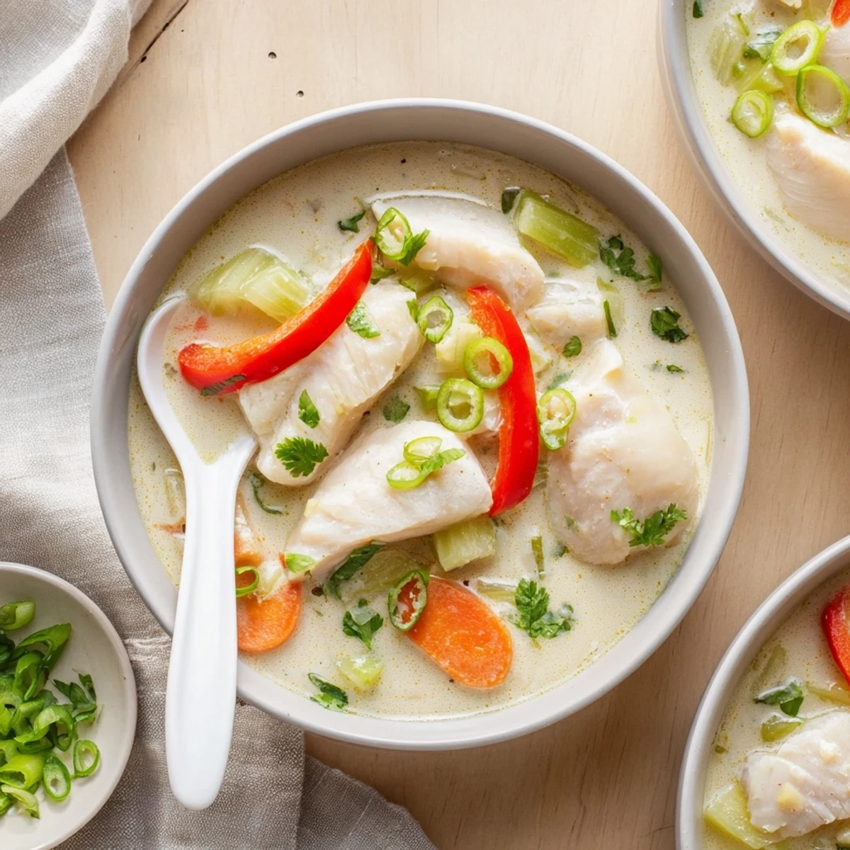 Garnished creamy coconut lime fish soup with lime wedges and red chili slices, showcasing the tender fish and aromatic vegetables in a white bowl