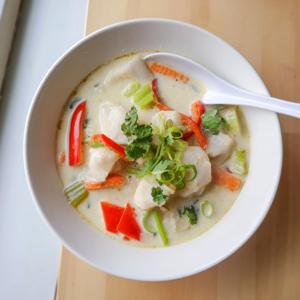 Bowl of Southeast Asian-inspired coconut lime fish soup featuring colorful bell peppers, carrots, and flaky fish fillets in silky coconut milk