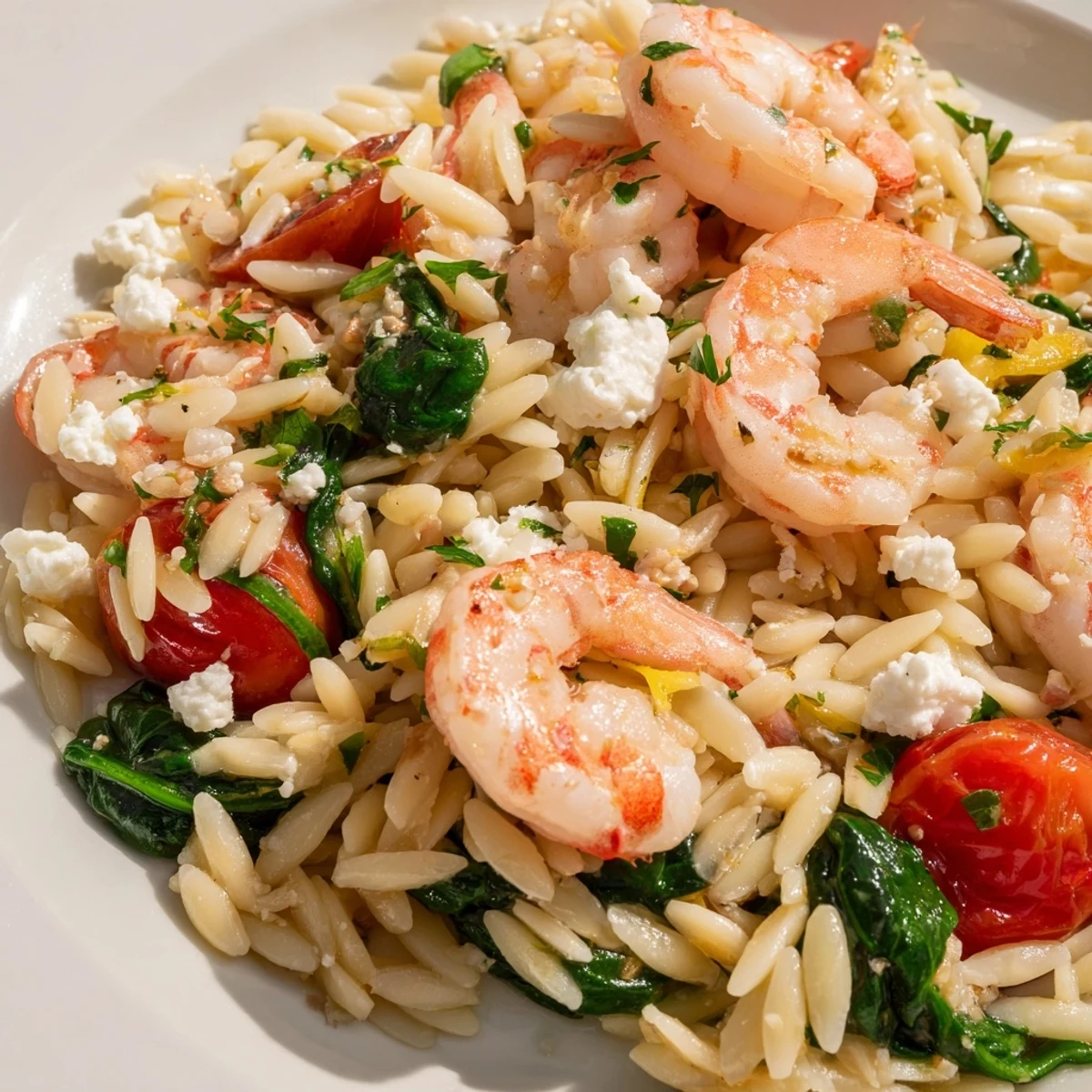 Golden lemon feta orzo shrimp plated with wilted spinach and cherry tomatoes in a white serving bowl