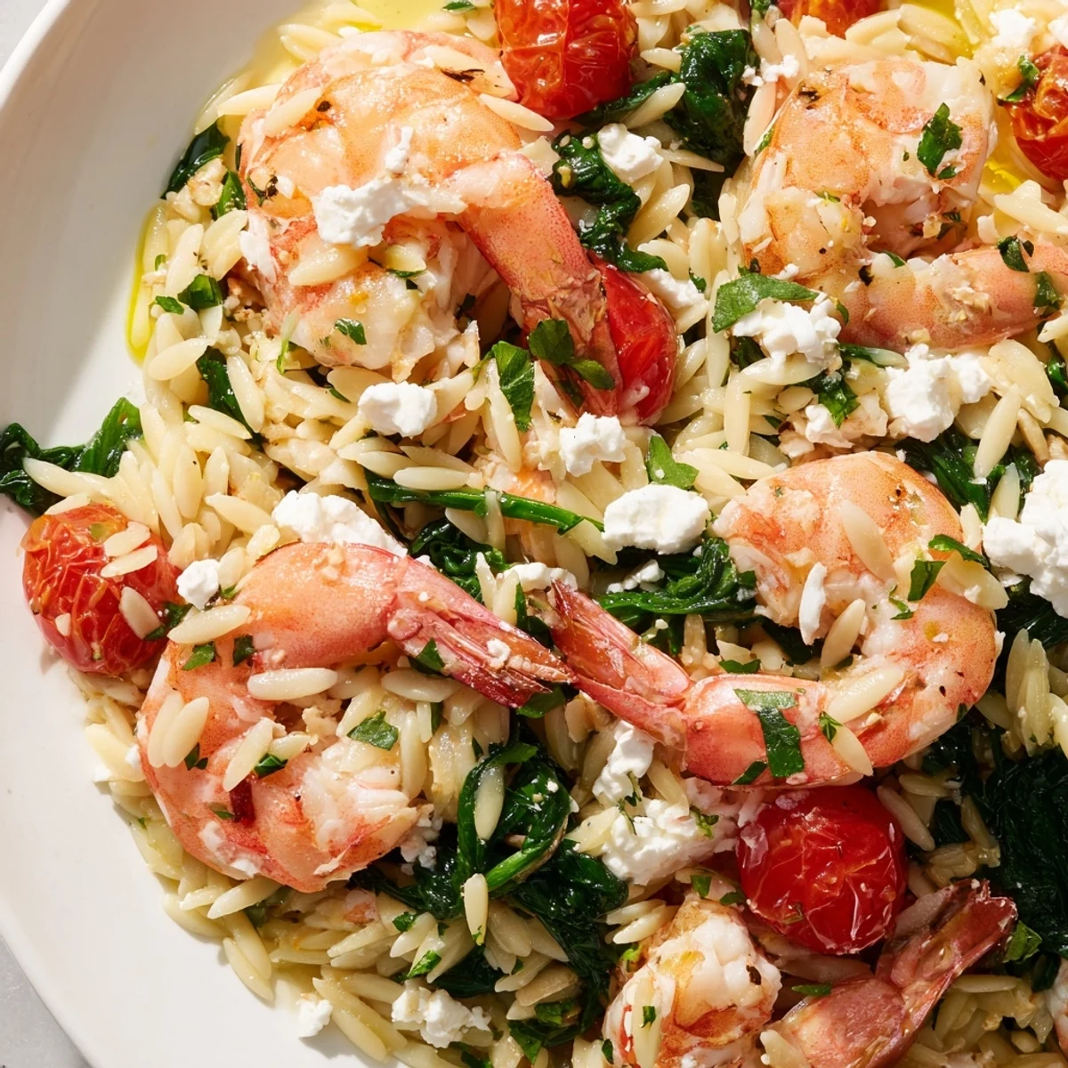 Close-up of tender shrimp resting on creamy orzo pasta topped with crumbled white feta cheese and fresh herbs