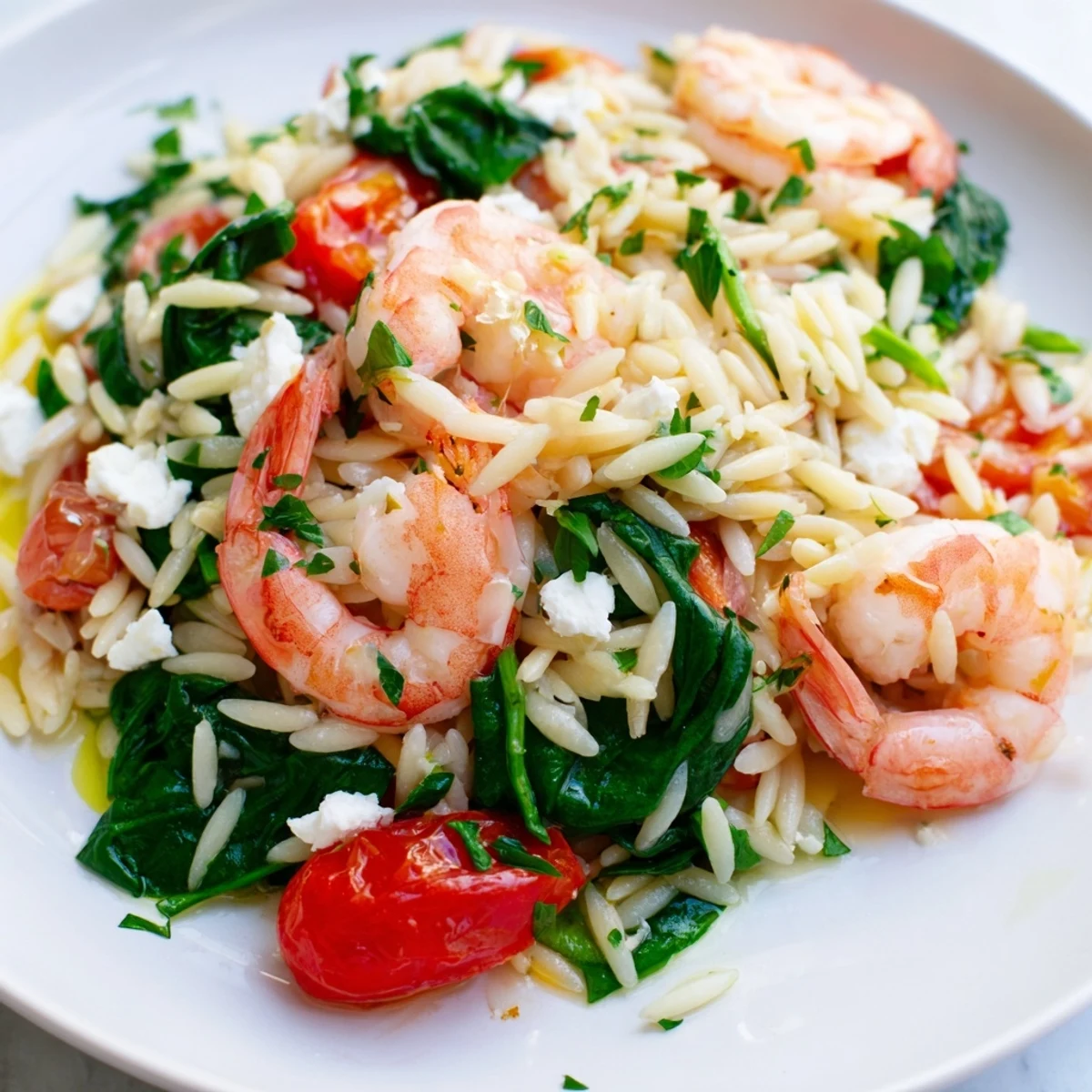 Mediterranean-style lemon feta orzo shrimp garnished with bright green parsley and lemon zest on a rustic wooden table