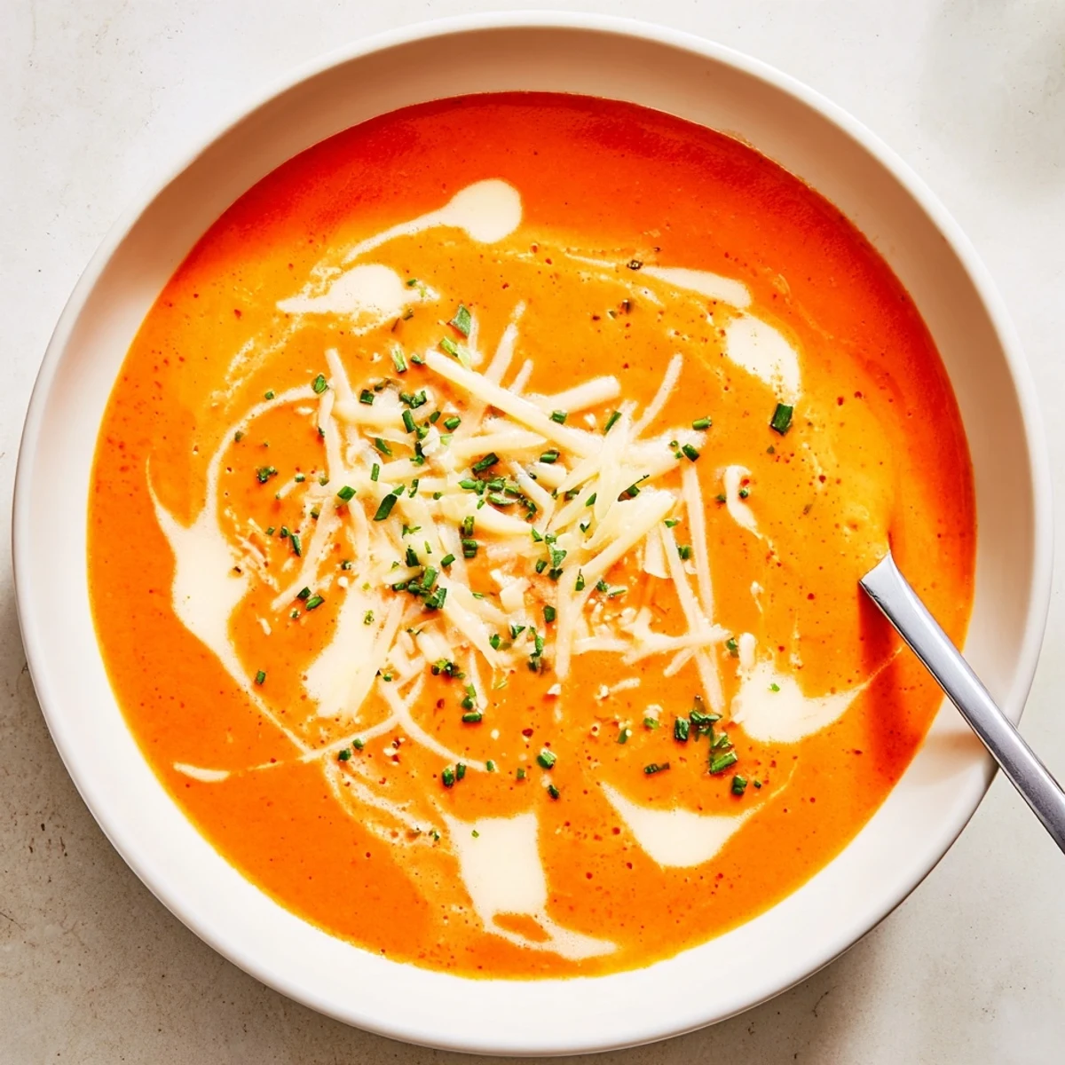 Smooth orange-red roasted red pepper Gouda soup ladled into a rustic bowl with crusty bread on the side