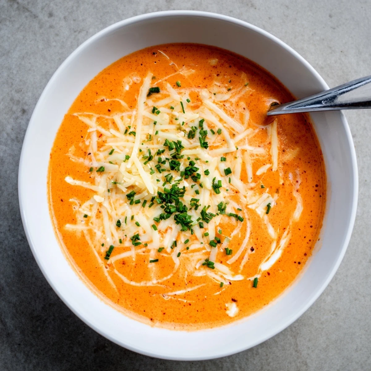 Creamy roasted red pepper Gouda soup garnished with fresh chives and extra shredded cheese in a white bowl
