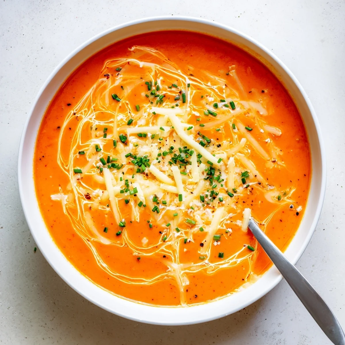Velvety roasted red pepper and melted Gouda cheese soup sprinkled with parsley and served piping hot