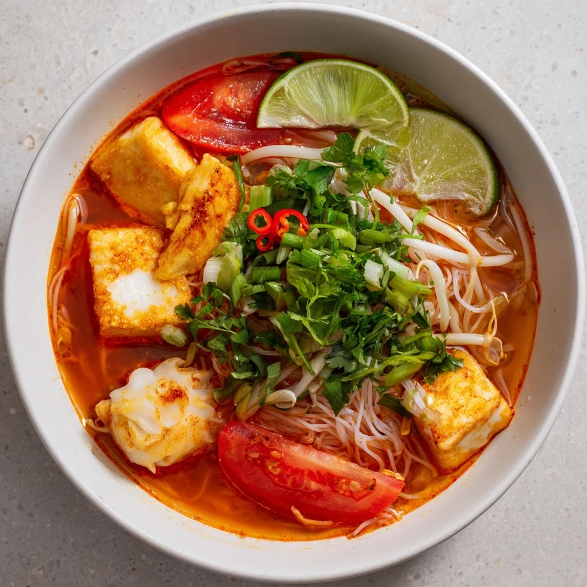 White rice vermicelli noodles topped with savory crab dumplings, fresh cilantro, bean sprouts, and aromatic tomato-based Vietnamese Bun Rieu broth