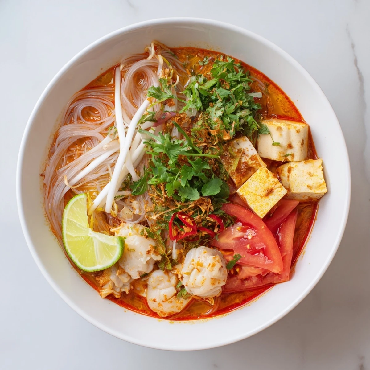 Steamy bowl of Vietnamese Bun Rieu Crab Noodle Soup with fluffy crab egg clusters, tomato wedges, and tofu cubes in golden red broth