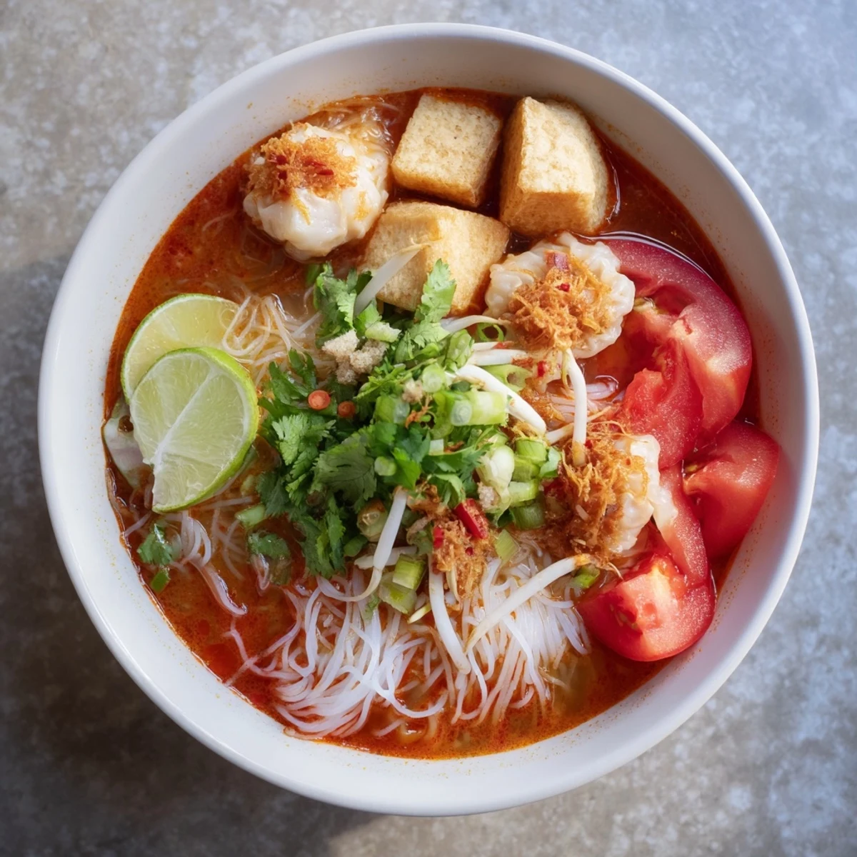Garnished Vietnamese Bun Rieu Crab Noodle Soup featuring lime wedges, sliced chilies, perilla leaves, and fried shallots over springy vermicelli noodles