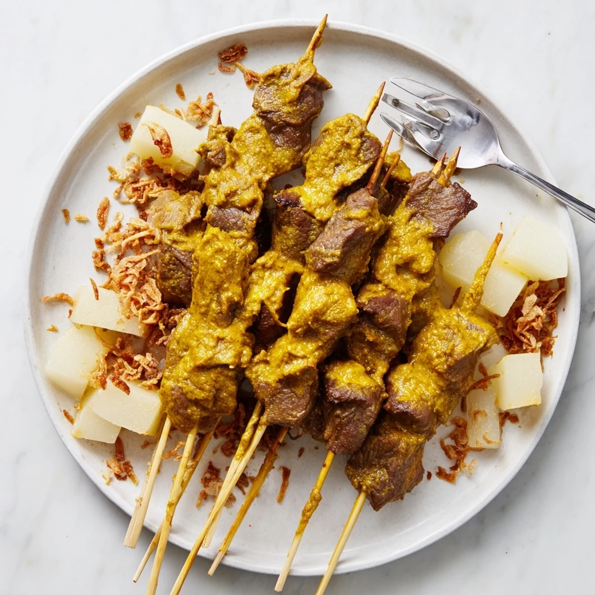 Tender Indonesian Sate Padang beef skewers drizzled with golden spiced curry sauce and crispy fried shallots