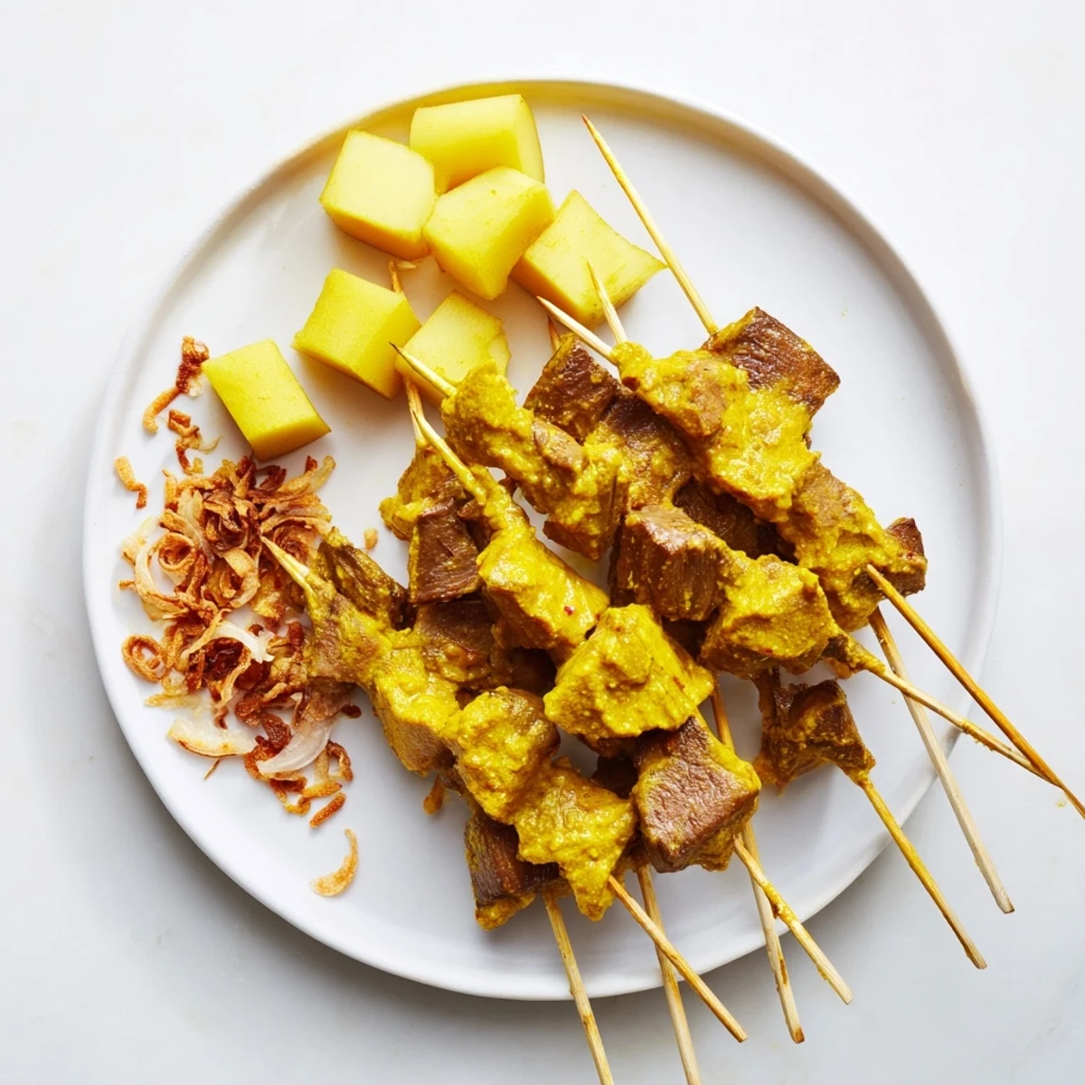 Succulent beef skewers swimming in thick yellow Padang sauce garnished with crunchy shallots and fresh herbs