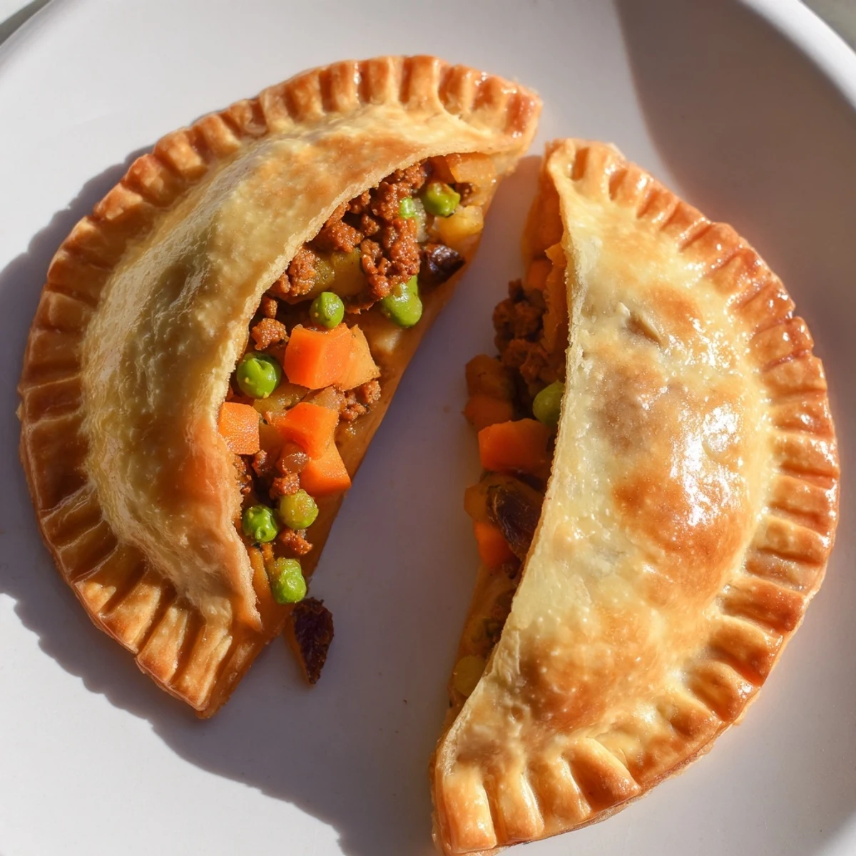 Golden brown Filipino empanada stuffed pastry filled with savory ground meat and colorful vegetables