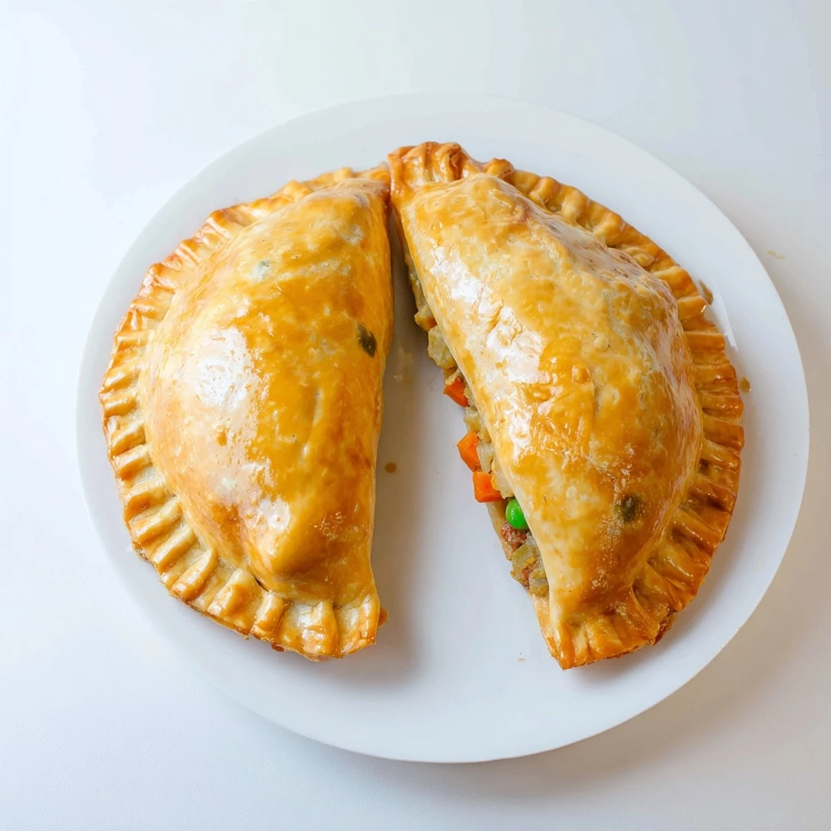 Flaky baked Filipino empanada stuffed pastry featuring spiced meat filling with visible fork crimped edges