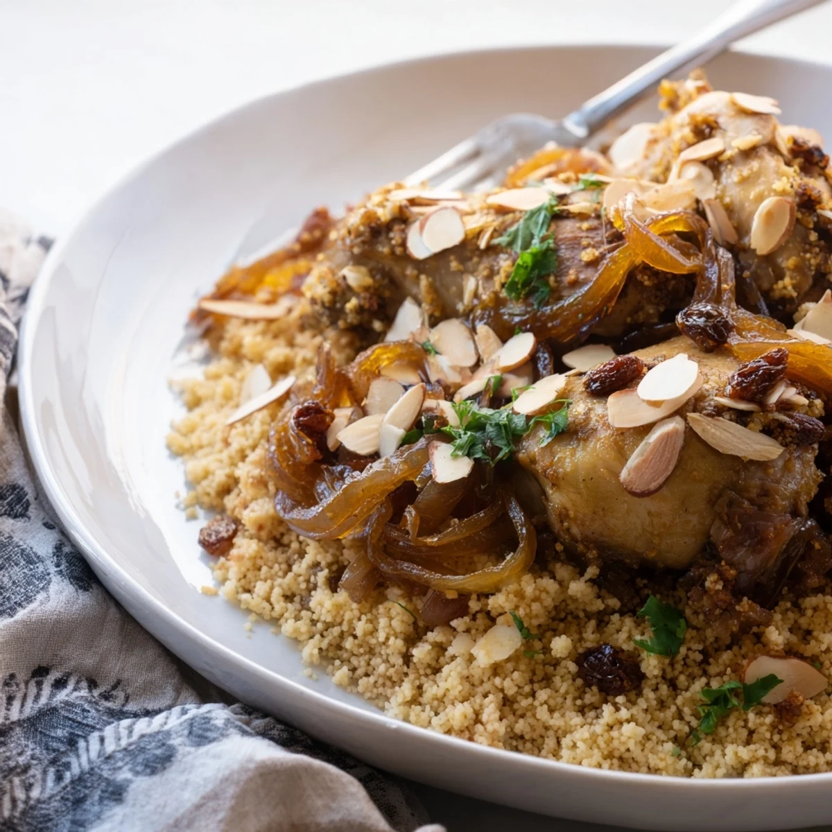 Golden Moroccan couscous topped with caramelized onion tfaya and toasted almonds on a large platter