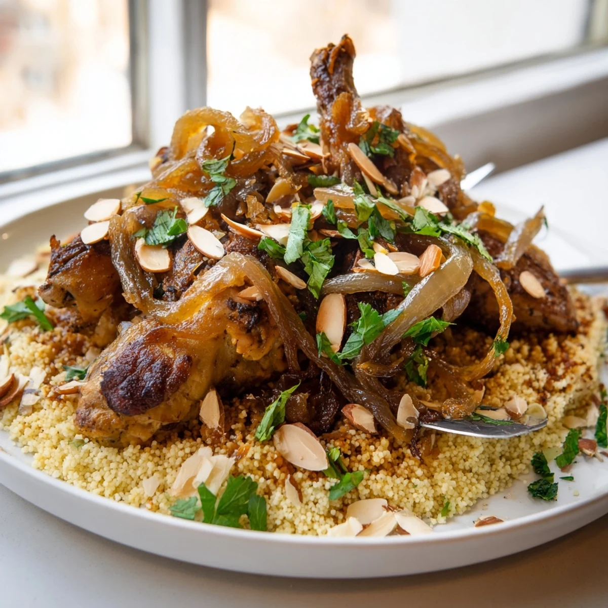 Steaming Moroccan couscous bowl featuring spiced chicken pieces, honey glazed onions, and golden raisins