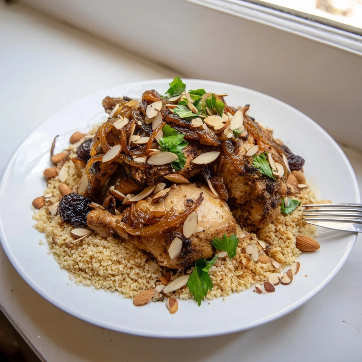 Fluffy couscous platter with tender chicken, sweet raisin onion topping, and crunchy slivered almonds