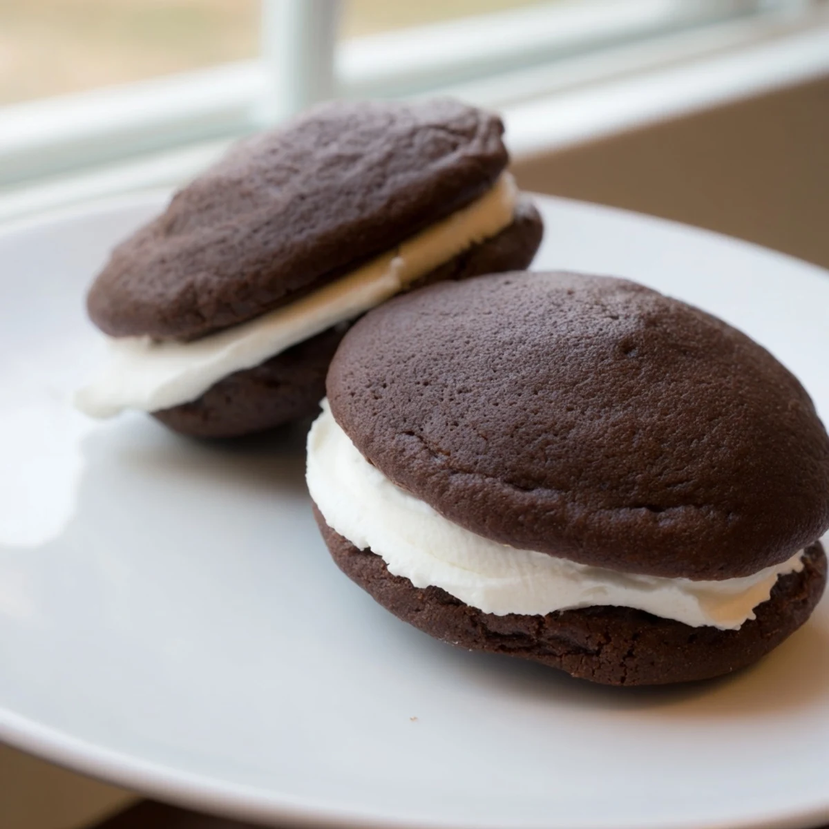 Soft chocolate whoopie pies filled with fluffy white marshmallow cream on a white plate