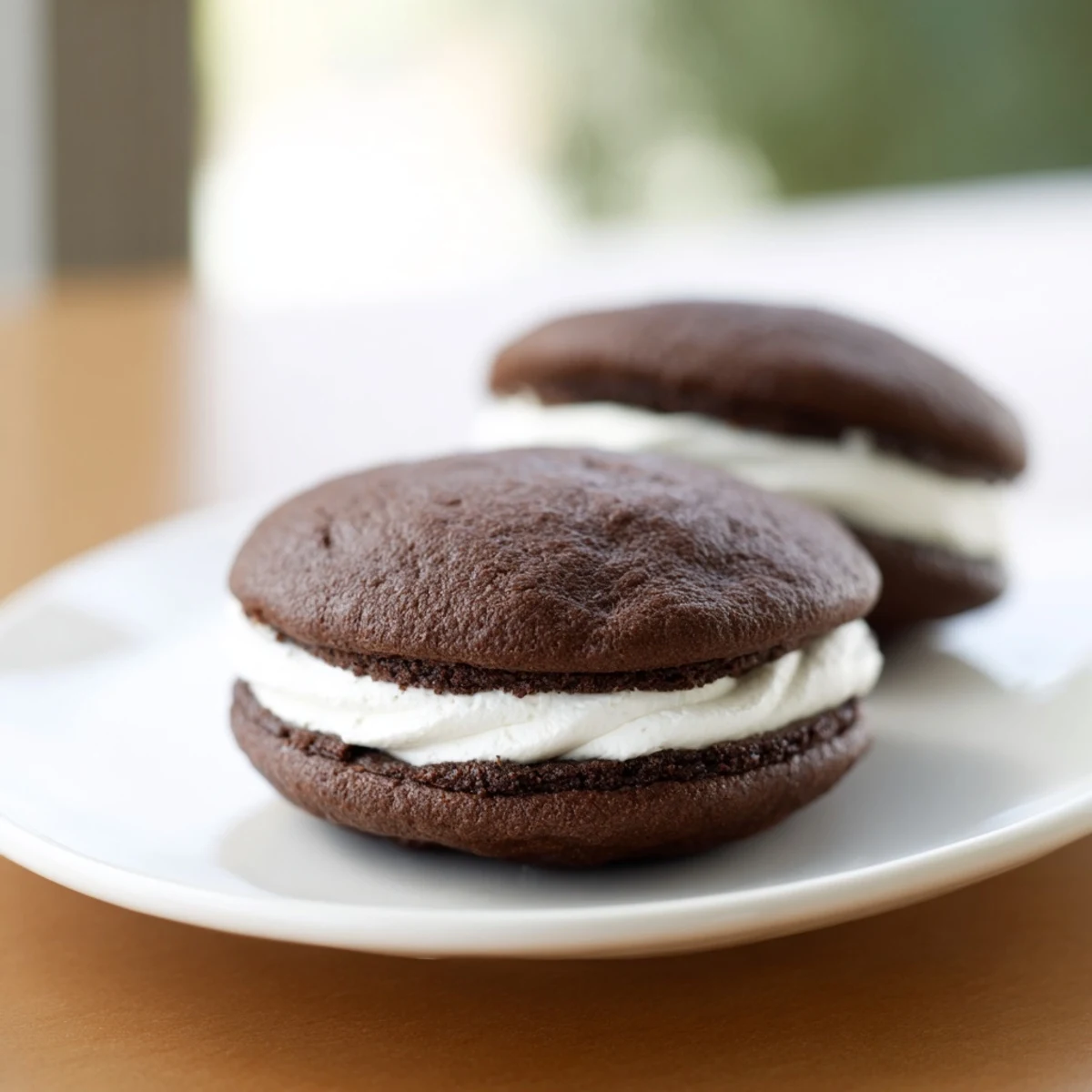 Two homemade whoopie pies with chocolate cookies and sweet marshmallow sandwich filling close up