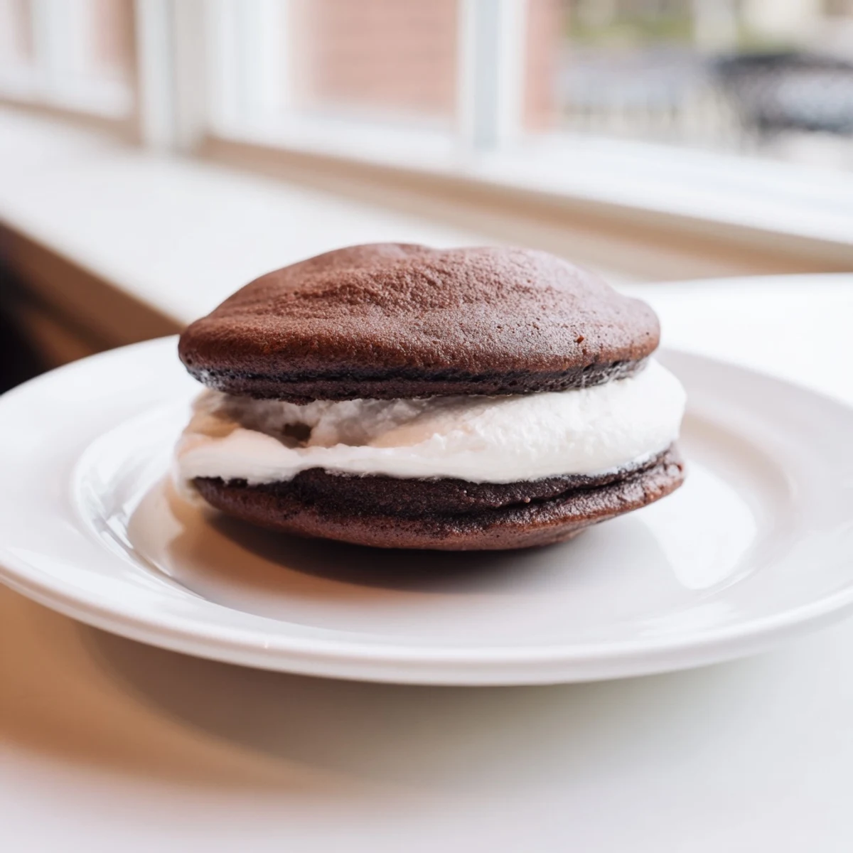 Batch of chocolate whoopie pies with thick marshmallow frosting stacked on wire cooling rack