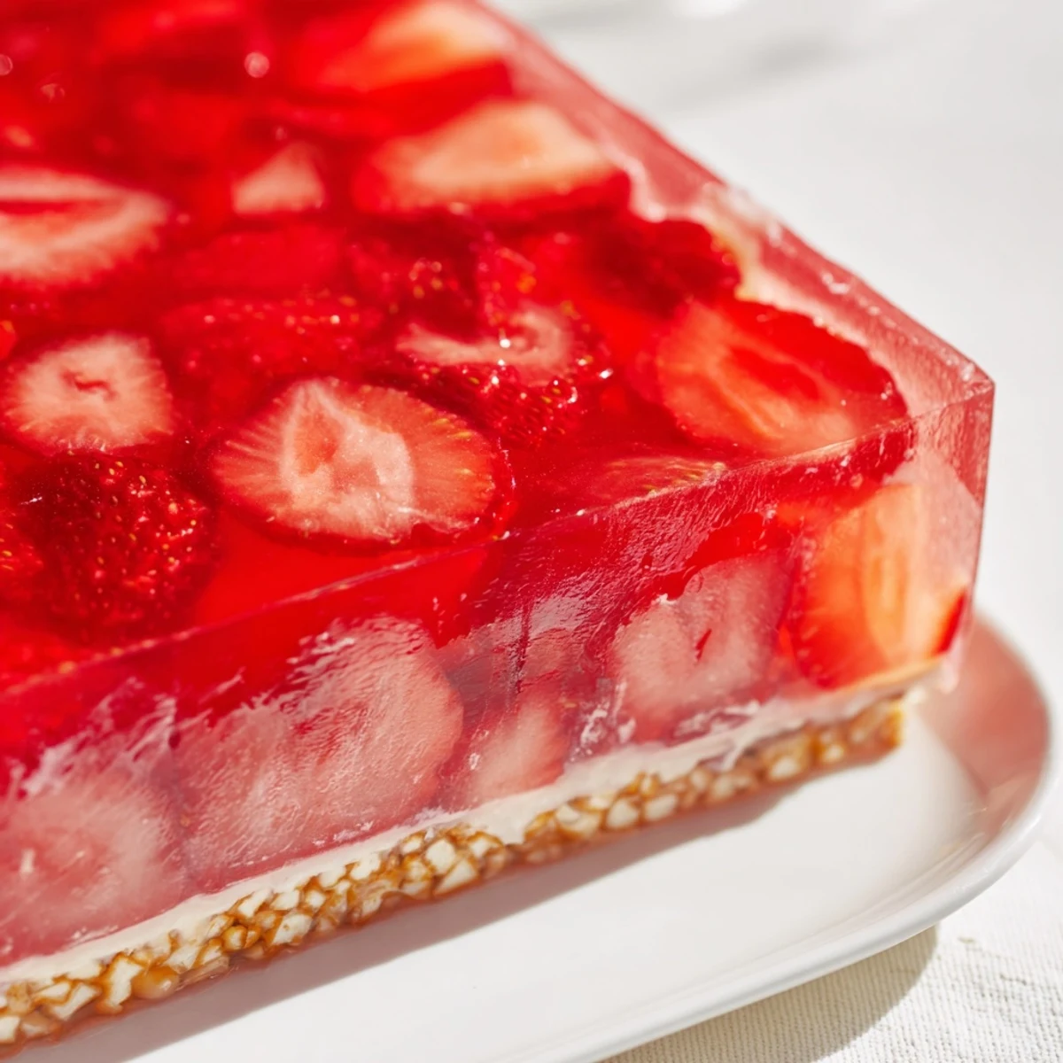Fresh strawberry crackle salad with glossy gelatin layer atop creamy pretzel crust in glass baking dish
