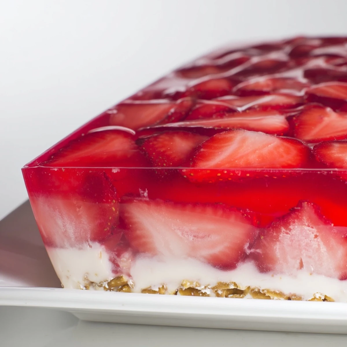 Creamy strawberry crackle salad showcasing layered strawberries white filling and crunchy pretzel base sliced for serving