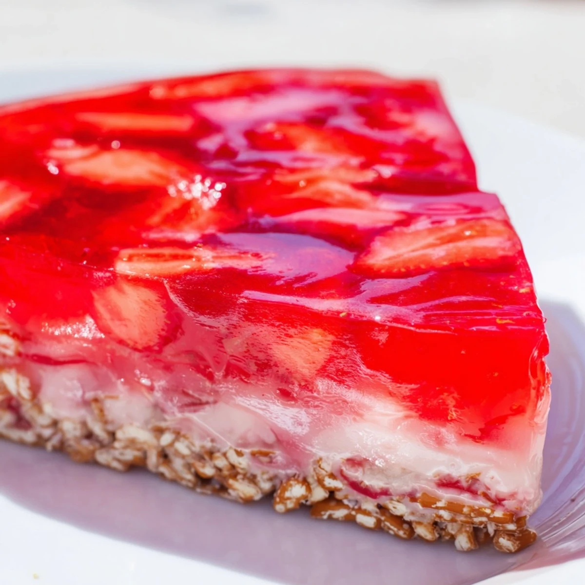 Homemade strawberry crackle salad dessert with ripe red berries suspended in clear jiggly strawberry gelatin topping