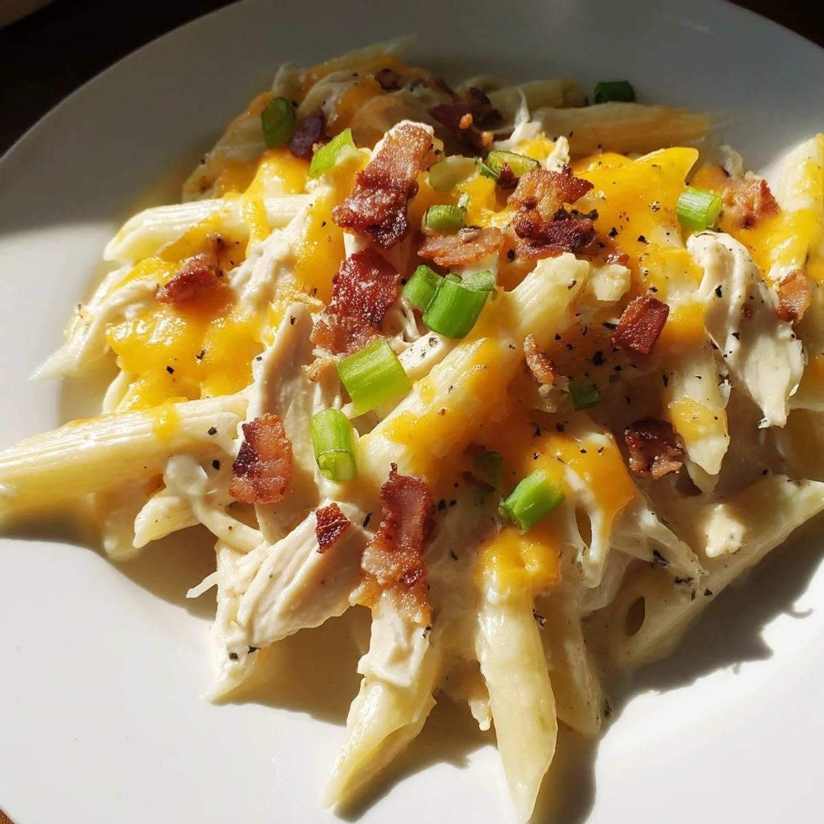 Steamy bowl of crack chicken pasta with ranch sauce and green onions
